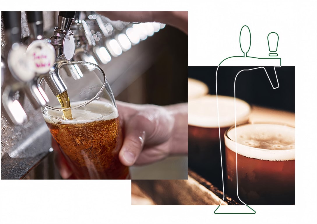 pression-biere Un verre de bière est tiré d'un robinet de bière à la pression, montrant des bulles pétillantes et une mousse fraîche.
